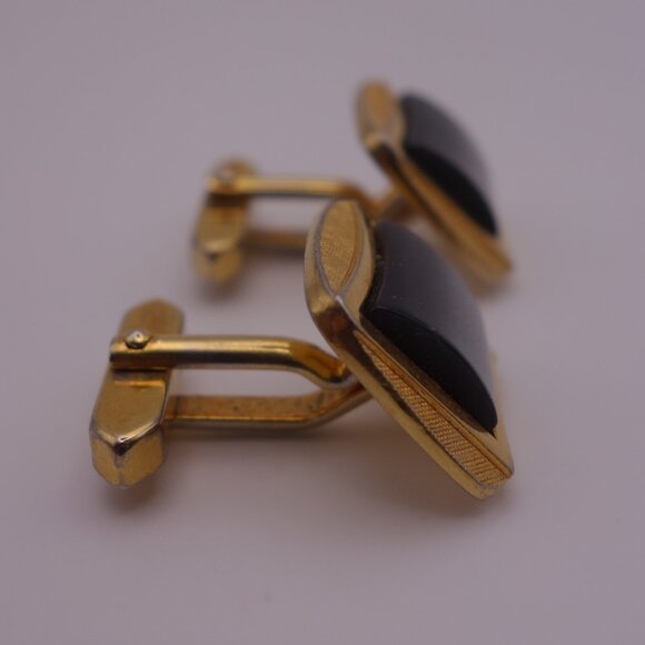 Gold Color Rectangle Cuff Links with Black Stone - Picture 2 of 12